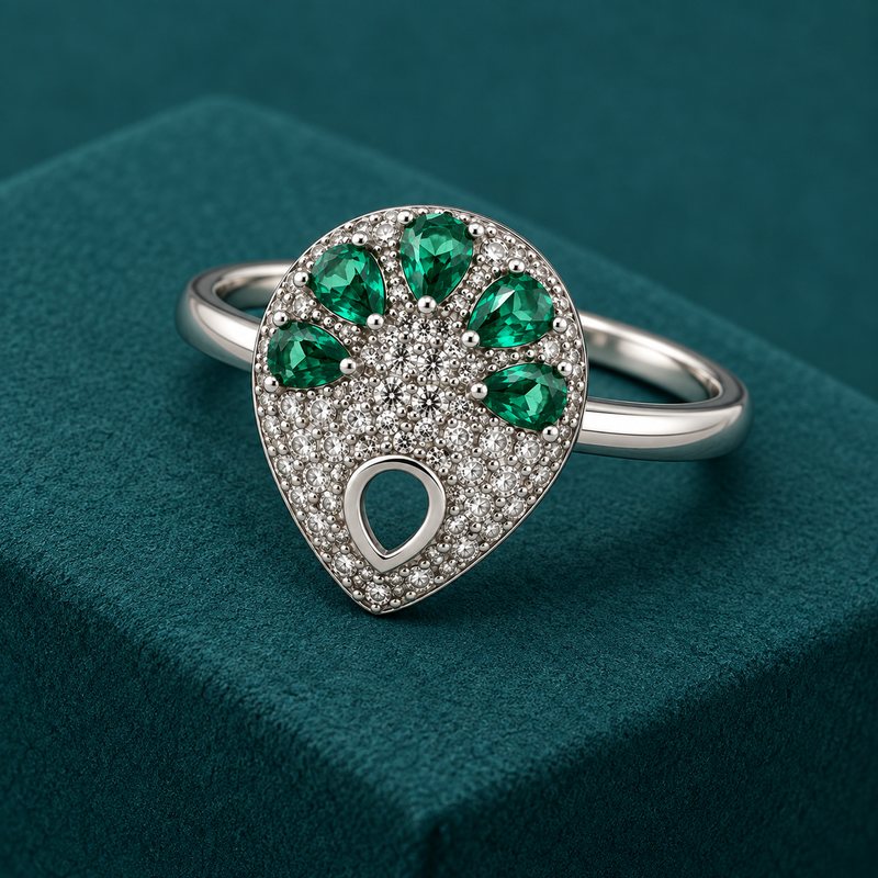 The ring resting on a teal display block